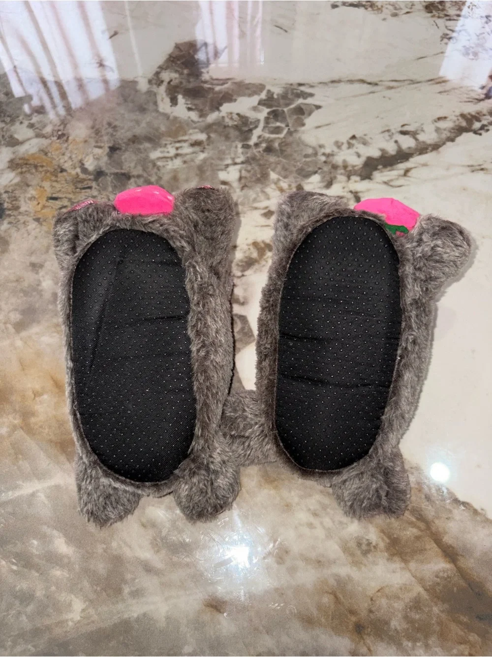 Plush Sloth Slippers with Pink Strawberry Accent